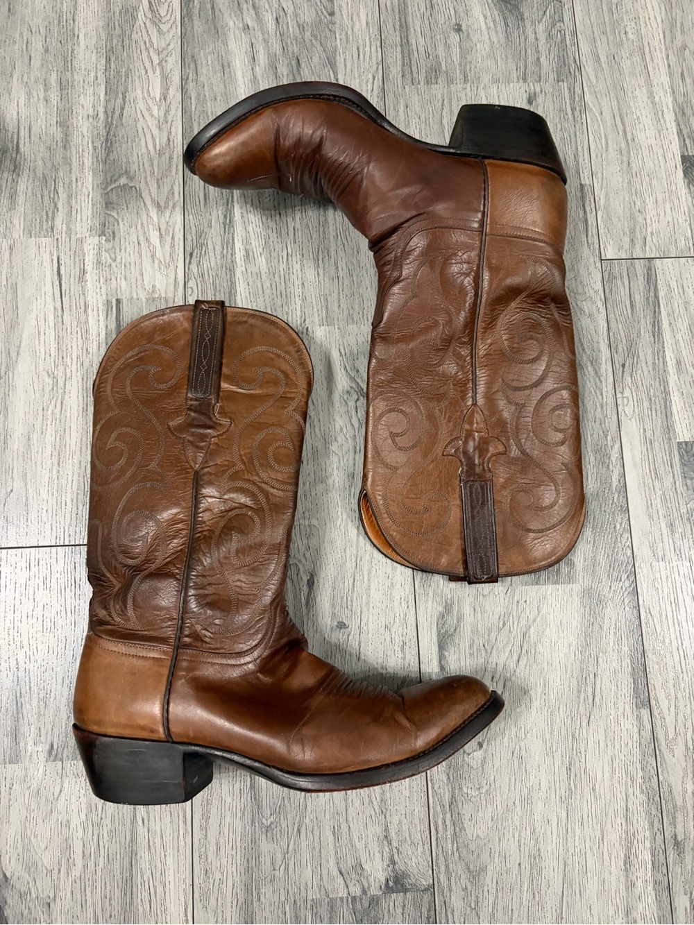 Lucchese Brown Leather Men's Western Cowboy Boots with Embossed Stitching